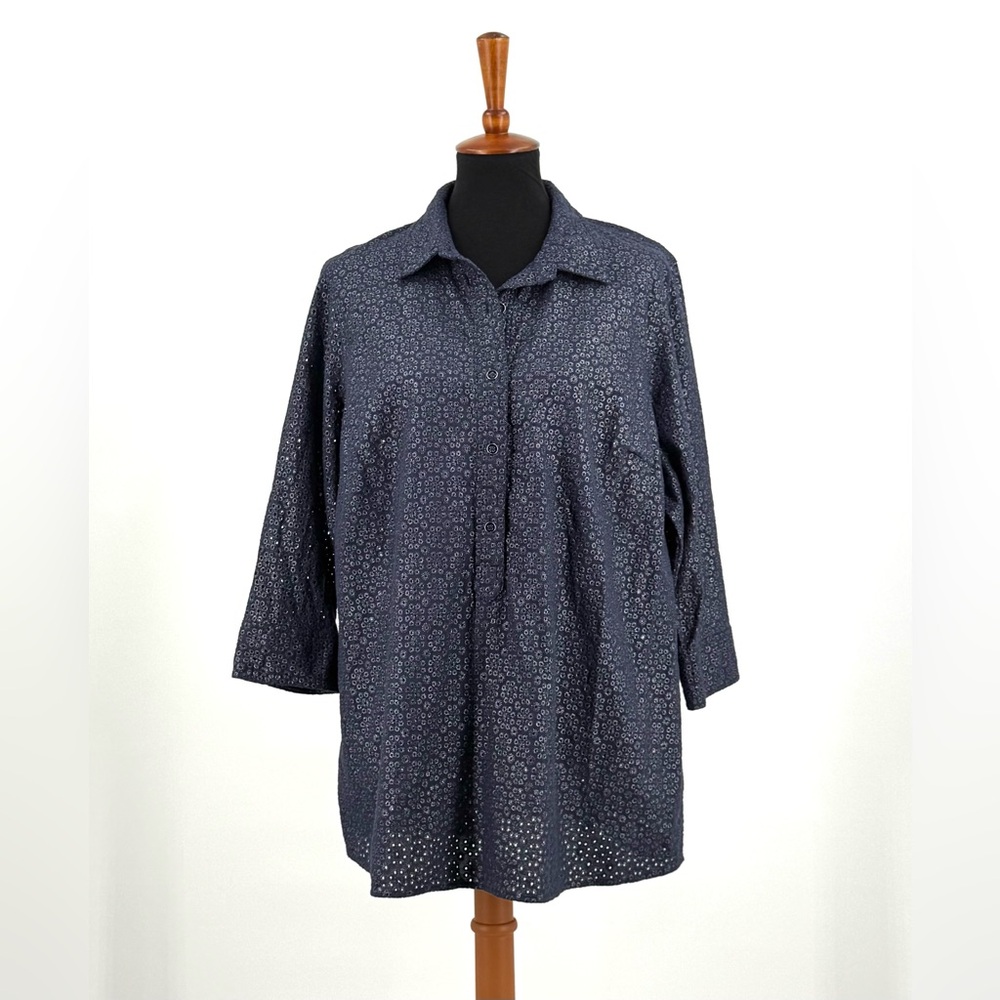 Coldwater Creek Navy Blue Eyelet Shimmer 3/4 Length Sleeve Top Size 1X (18)